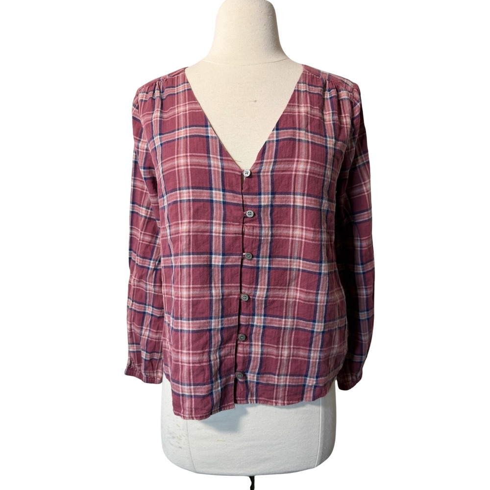 Madewell XS Burgundy Blue Plaid V-Neck Button Front Blouse Long Sleeve Top